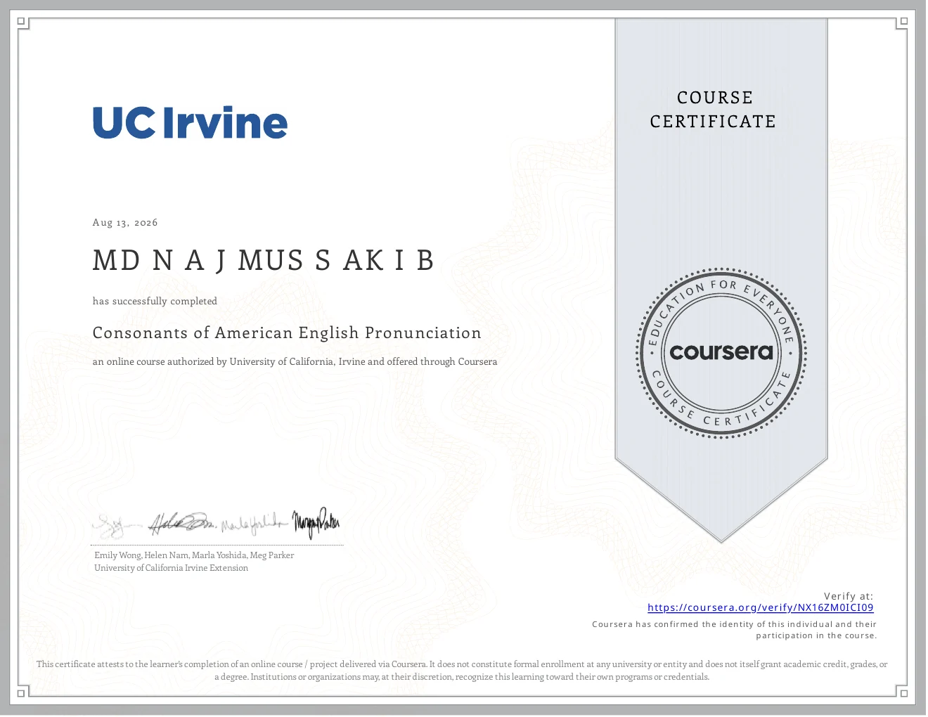 Coursera certificate awarded to MD Najmus Sakib for completing Consonants of American English Pronunciation